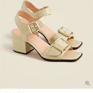 J. Crew Beige Block Heel Sandals with Gold Accents crock embossed/butter pie